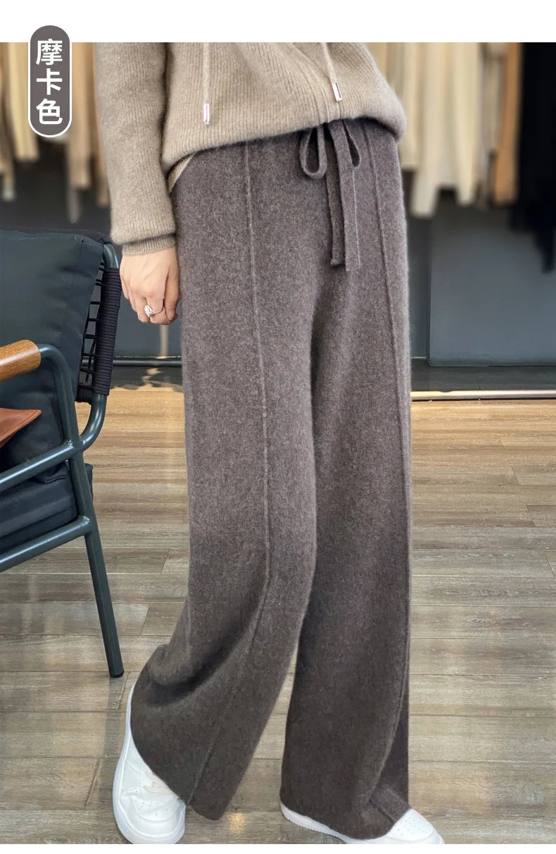 Women's Cashmere Pants 100% Merino Wool Broadfoot Pants Women's Knit Loose Knit Pants Fall/Winter 2024 Women's Thick Pants