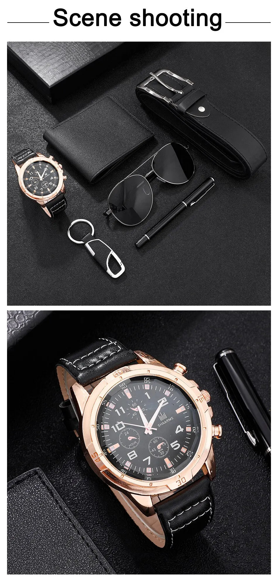 SHAARMS Men Gift Watch Business Luxury Company Mens Set 6 in 1 Watch Glasses Pen Keychain Belt Purse Welcome Holiday Birthday