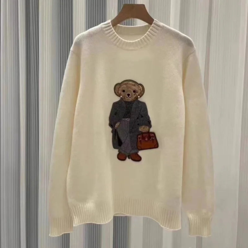 Rl Fall/Winter Cashmere Unisex Pullover Sweater Fashionable Casual Loose Fit O-Neck Knit Lauren Bear Women's Sweater 2024 New