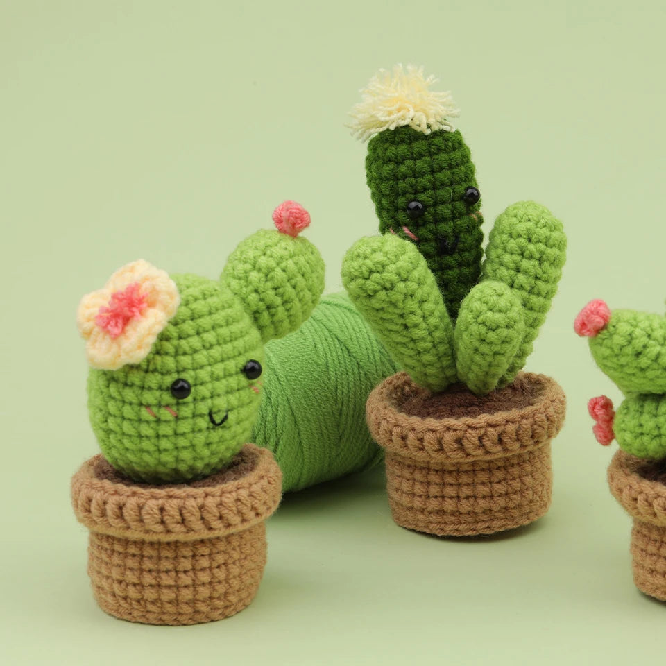 MIUSIE Beginner Crochet Kit Cactus Potted Plant Creative Crochet DIY Keychai Knitting Key Holder Crochet Dolls Material Pack