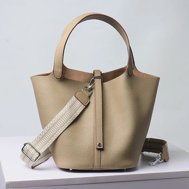 Various Genuine Leather Luxury Bag Fashion Women's Handbag Vegetable Basket Style Portable Women Bucket Bag with Lock