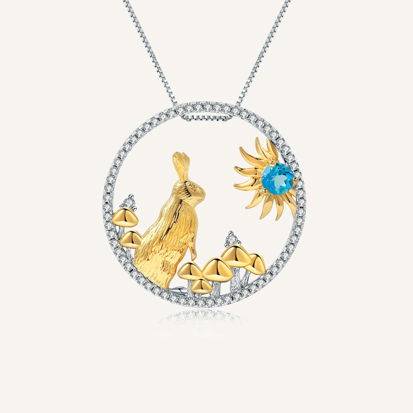 GEM'S BALLET Chinese Zodiac Jewelry 925 Sterling Silver Handmade Rabbit Pendant Necklace Natural Swiss Blue Topaz For Women