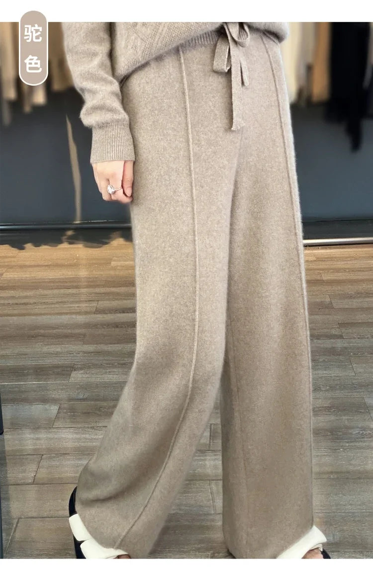 Wool Knitted Wide Leg Pants Women Autumn Winter Thickened High Waist Drip Feeling Cashmere Pants Coffee Straight Casual Pants