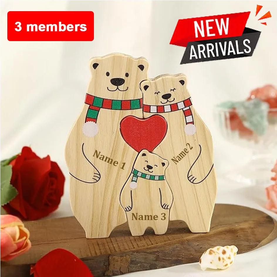 Custom Name Wooden Bear Family Ornaments Personalized Wood Carving Bear Puzzle Christmas Birthday Gift home decor action figure Valentines Gift