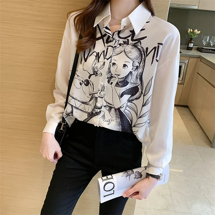 Casual Long Sleeve Cartoon Print Shirt Elegant Chiffon Blouse Women Vintage Harajuku Loose Tops Korean Chic Women Clothing Tunic