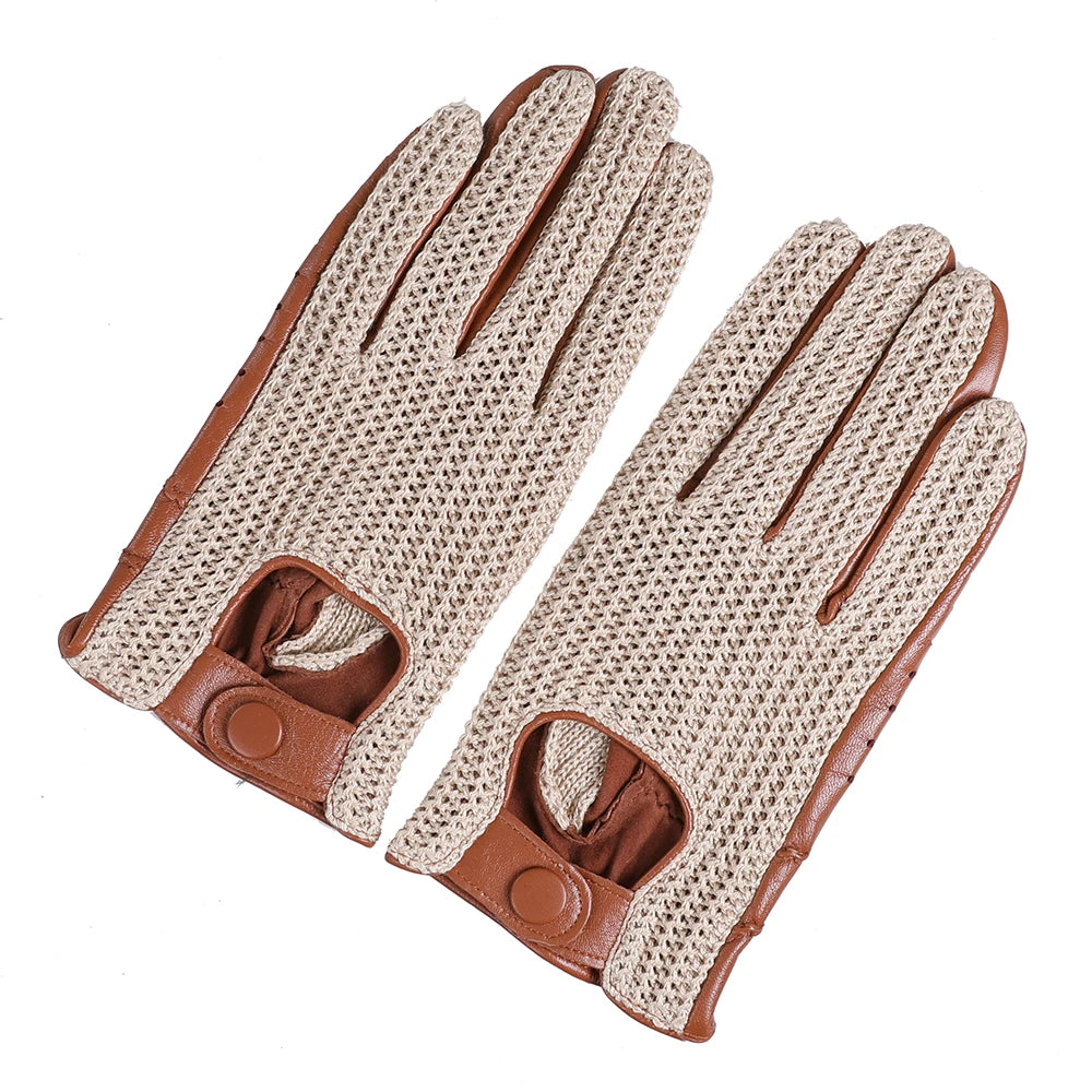 Men's Genuine Leather Driving Gloves motorcycle Fingerless Glove Sheepskin With Cotton Crochet