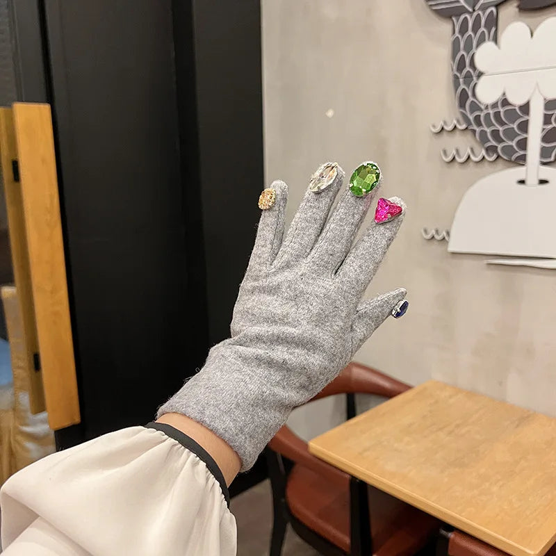 Cute Gloves for Women Autumn Winter Colorful Plastic Crystal Cashmere Black Grey Gloves Touch Screen Female Gift