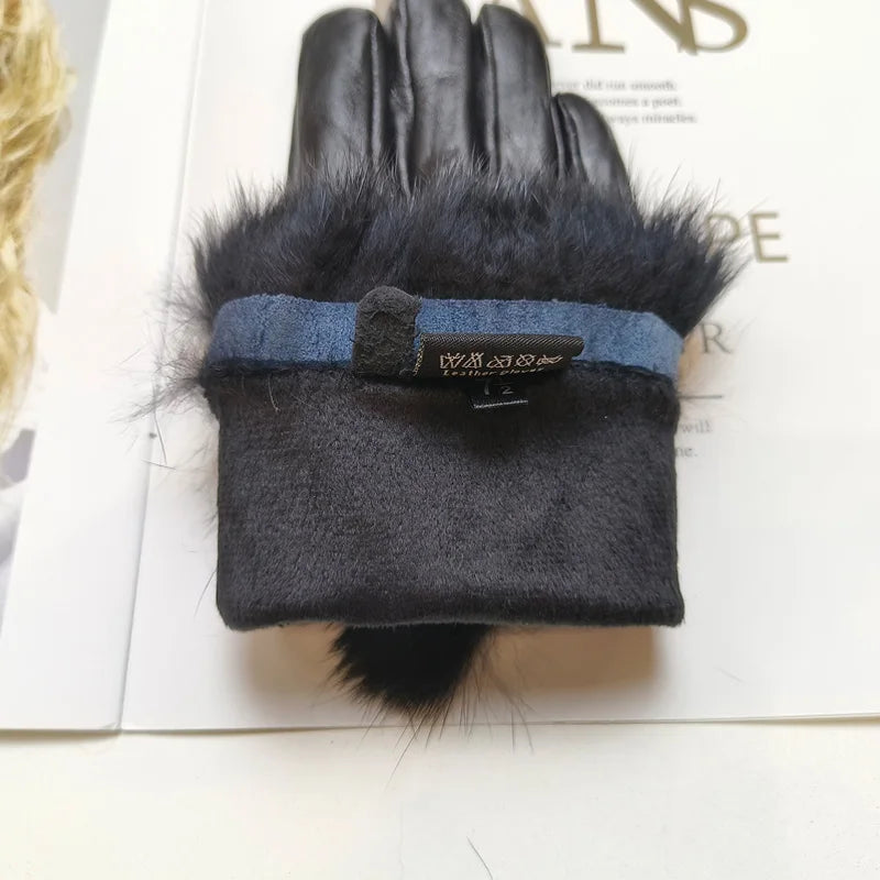 Women's sheepskin bow gloves with warm velvet lining and genuine leather driving gloves