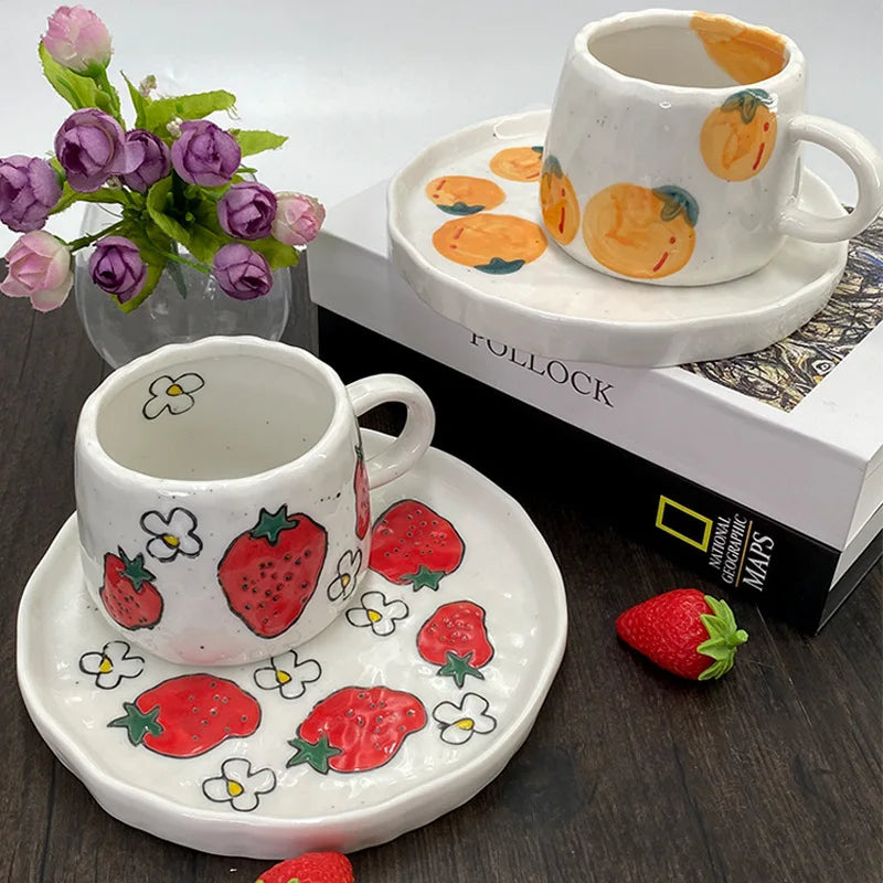 1pc 300ml Vibrant Fruit Themed Ceramic Coffee Mug All Occasions Gift Children's Porcelain Cup Breakfast Cup and Plate Drinkware