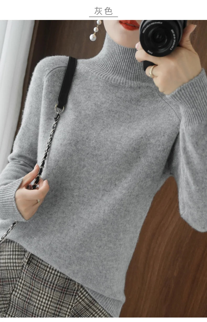 Fashion Basic Autumn Winter  Merino Wool Sweater Mock Neck Cashmere Pullover  Solid Color Soft Long Sleeve Clothing Tops