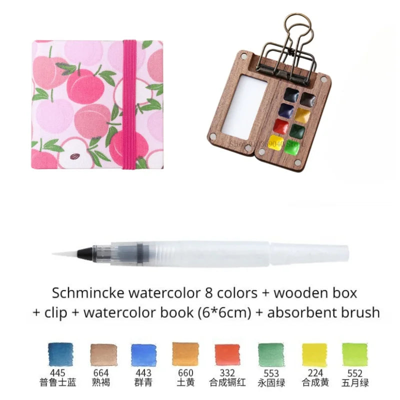 Portable Travel Watercolor Set Schmincke Watercolor 8 Colors Mini Walnut Paint Box Sketchbook Student Outing Art Supplies