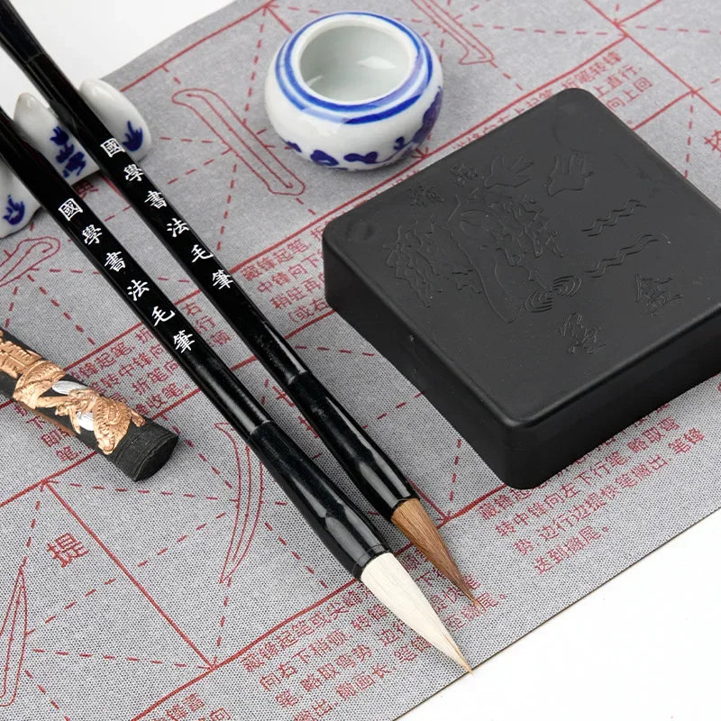 Beginner's 10 Piece Set of Brush Calligraphy Stickers  Water Writing Cloth Set  Calligraphy Pen Ink Paper Inkstone Gift Box