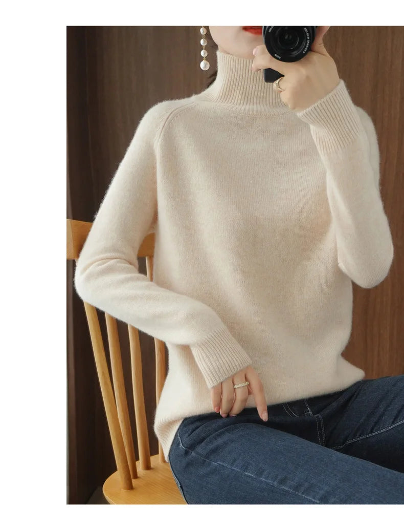 Fashion Basic Autumn Winter  Merino Wool Sweater Mock Neck Cashmere Pullover  Solid Color Soft Long Sleeve Clothing Tops