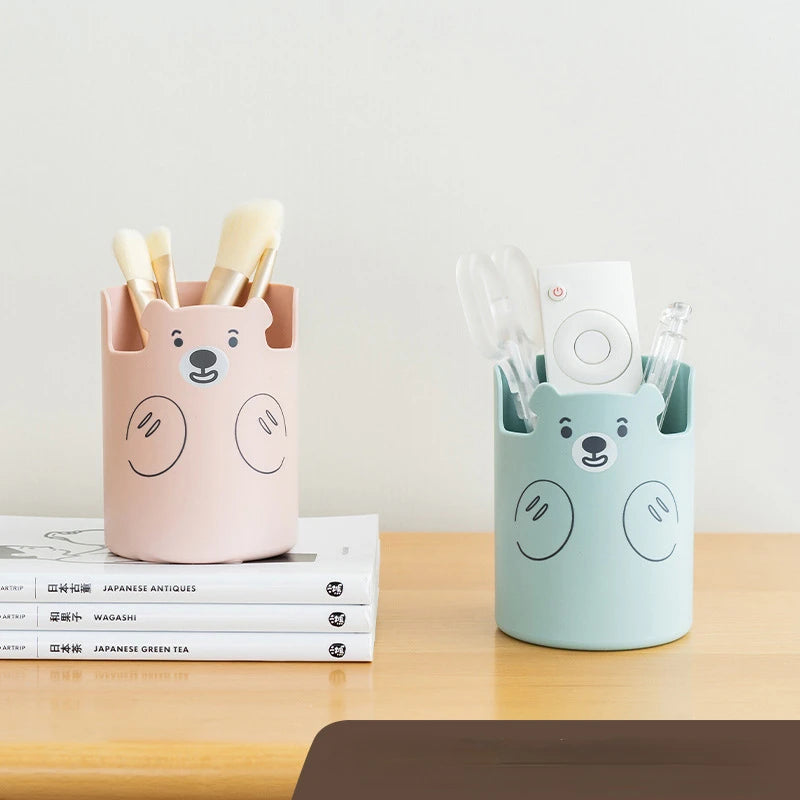 Kawaii Bear Pen Pencil Pot Holder Brush Storage Container Desk Organizer Multifunction phone holder Stationery Office Supplies