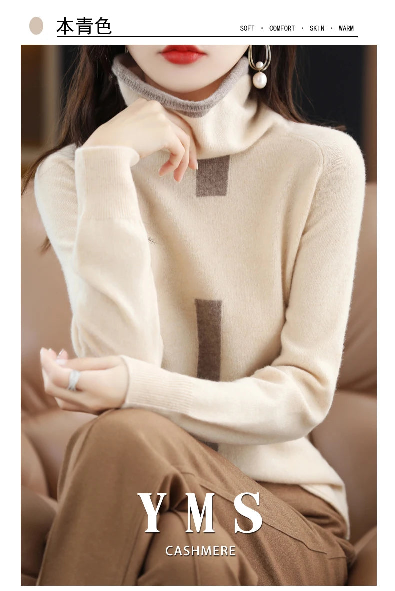 100% Mink Cashmere Sweater Ladies Pile Collar Pullover Tops Spring / Autumn New Colorblock Top Korean Style Fashion Tight Thin