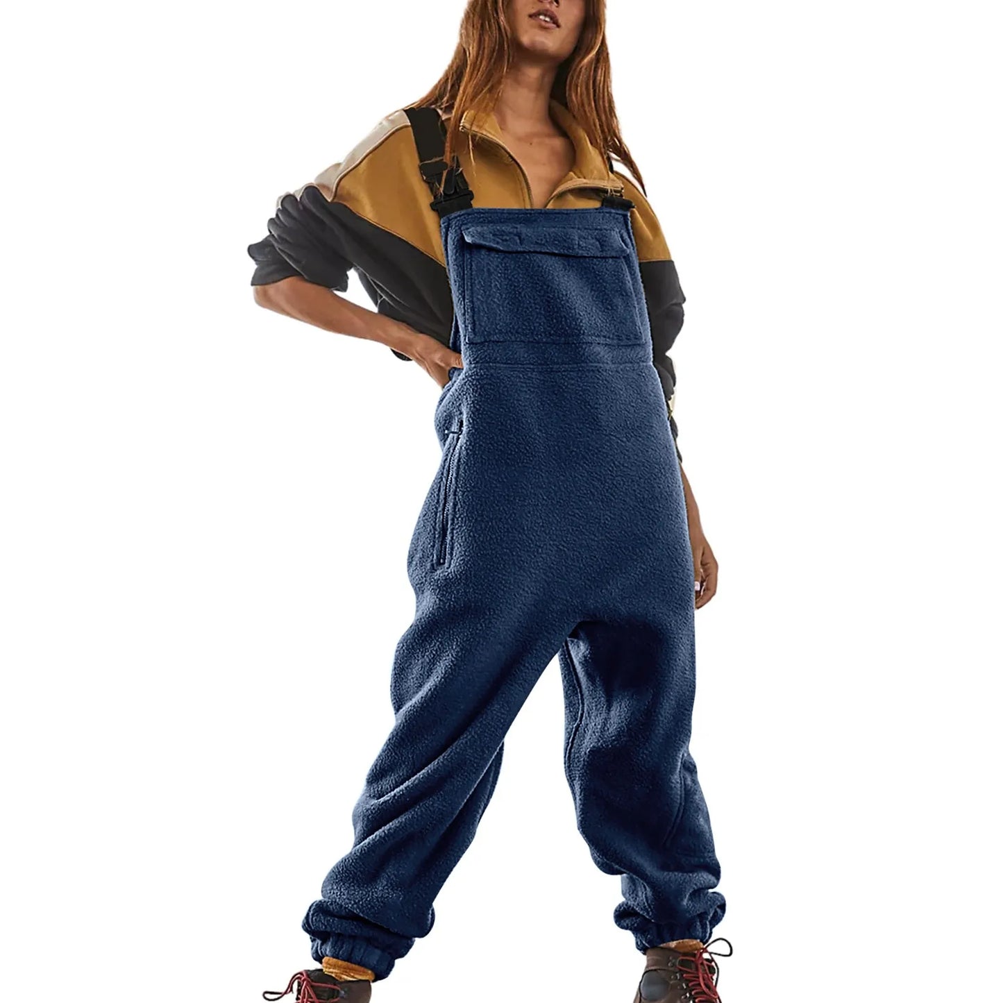 Womens Fleece Overalls One-piece Bibs Jumpsuits Adjustable Suspender Straps Warm Winter Fuzzy Ski Pants