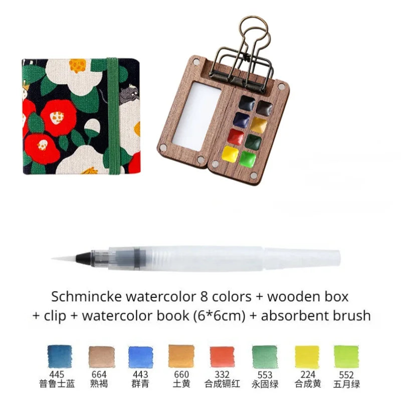 Portable Travel Watercolor Set Schmincke Watercolor 8 Colors Mini Walnut Paint Box Sketchbook Student Outing Art Supplies