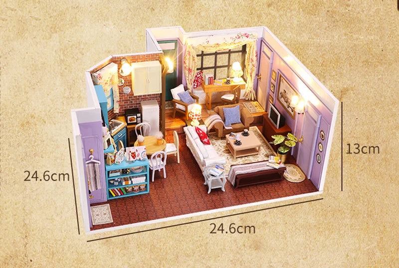 DIY Wooden Joey‘s Apartment Casa Miniature Building Kits Bookend With Lights Assembled Bookshelf Home Decoration Friends Gifts