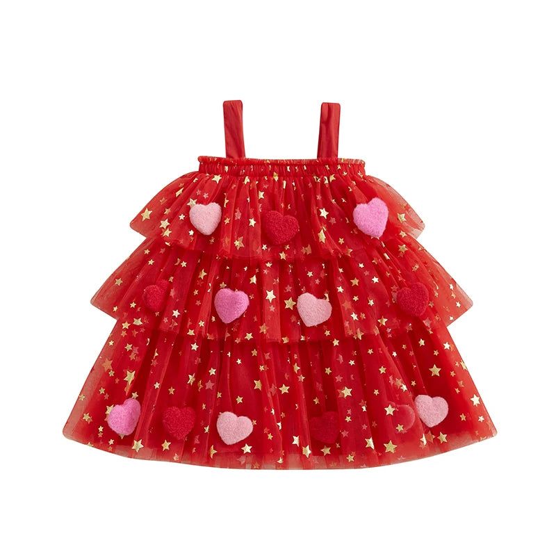 Kids Girl Fashion Valentine Day Dress Star Print Square Neck Sleeveless Layered Tulle Dress with 3D Heart for 1-9 Years Valentines Gift