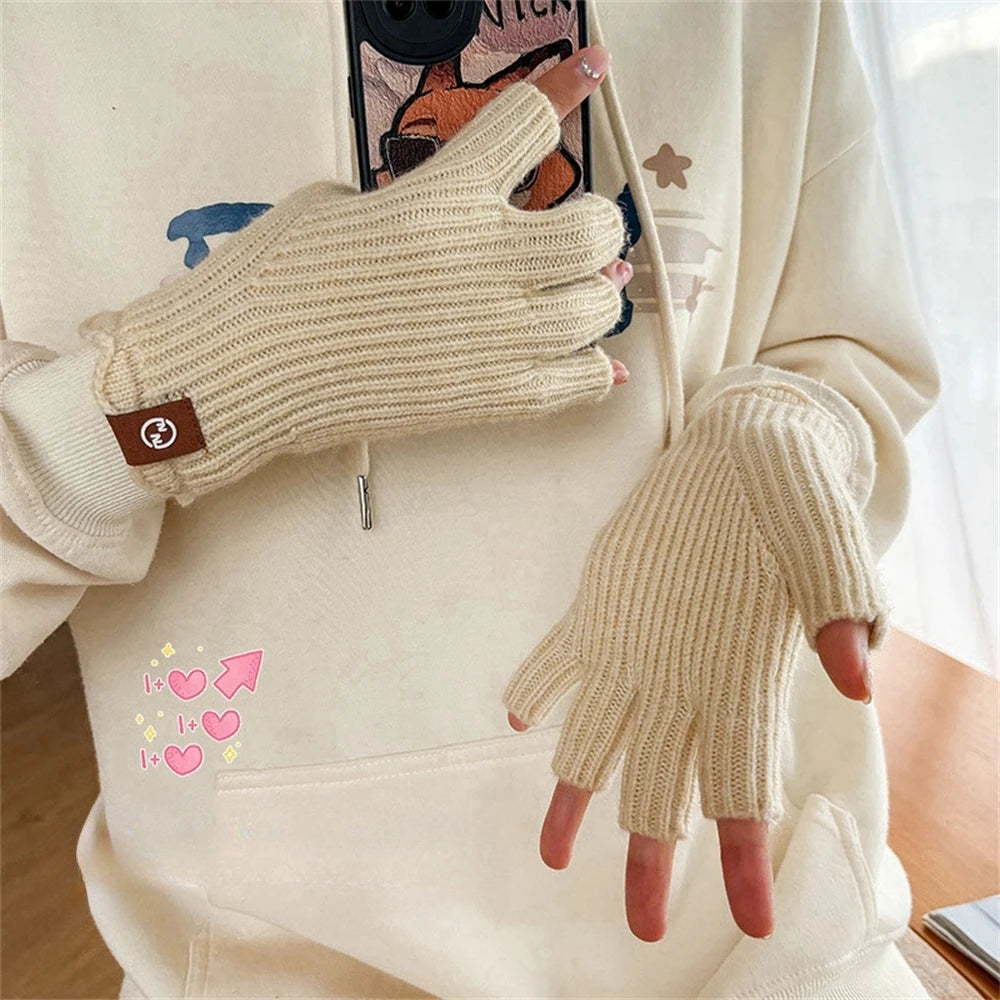 Women's Solid Color Knitted Warm Gloves Winter Half Finger Touch Screen Mittens Outdoor Cycling Stretch Gloves for Adult Couples