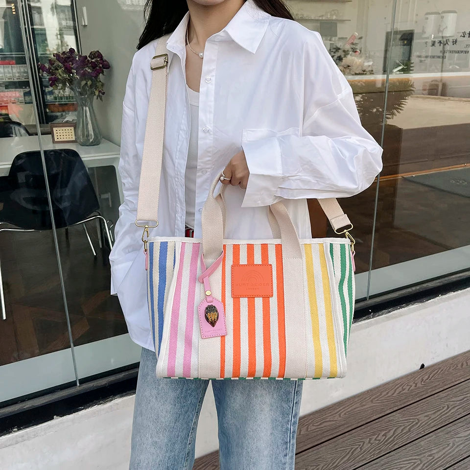 Summer Fashion Beach Bag Colorful Stripe Canvas Bag Handheld Tote Bag Women's Leisure Vacation One Shoulder Crossbody Bag-ll