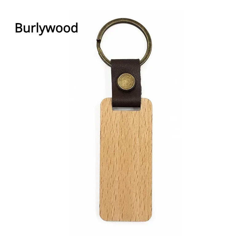 Customized PU Leather Wooden Keychain Blank DIY Wood Keyring Square Engraved Car Key Chains Retro for Friends Lovers Family Gift Valentines Gift