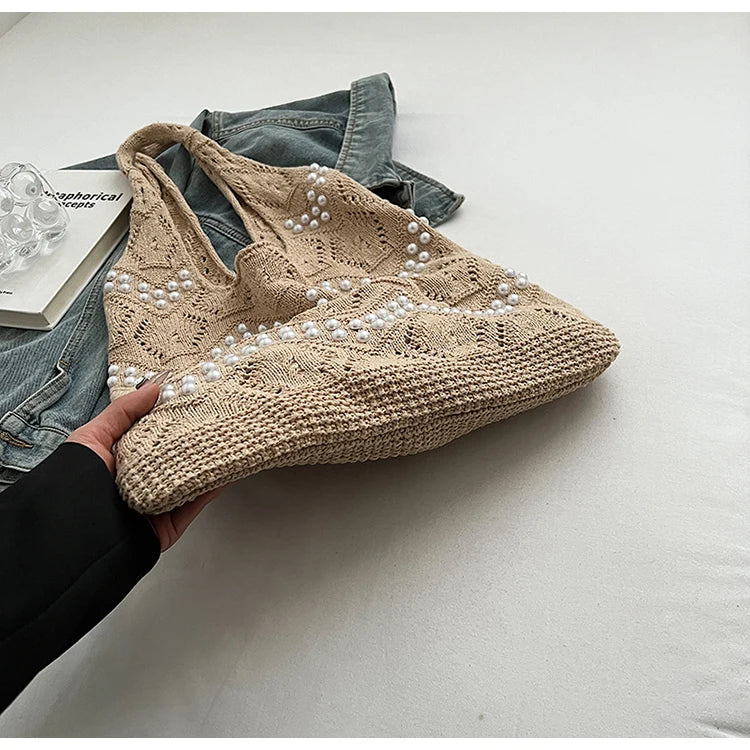 Hollow Out Large Capacity Knitting Shoulder Bags Pearl Unique Design Grace Sense of Luxury Hand Bags for Women 2024 Casual Tote