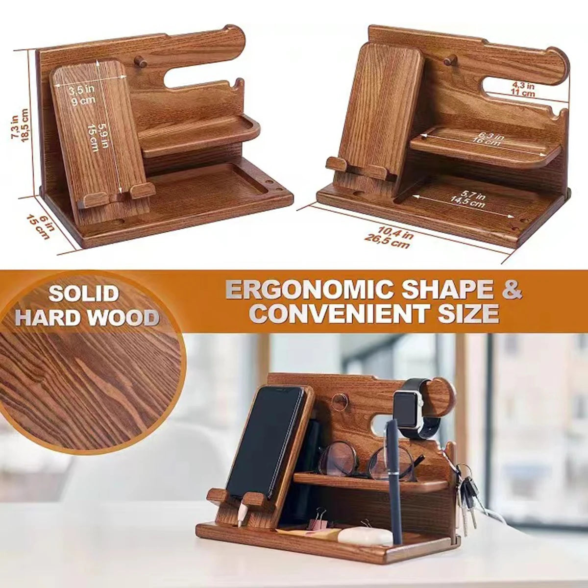 Solid Wood Phone Stand Desktop Creative Storage Rack Multifunctional Hanging Watch Glasses Key Accessories -1pcs