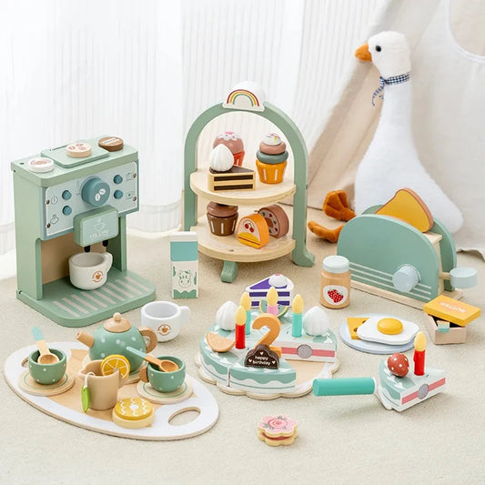 Wooden Kitchen Pretend Play Toy Tea Party Set for Little Girls Coffee Maker Set Cake Ice Cream Tea Playset for 3 4 5 6 Ages Girl