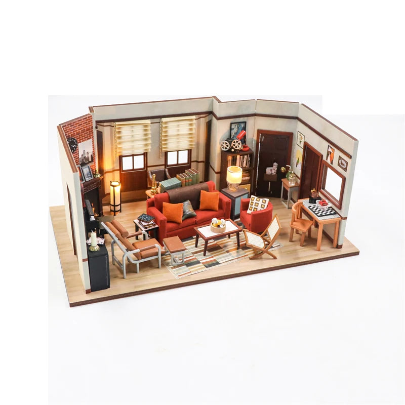 DIY Wooden Joey‘s Apartment Casa Miniature Building Kits Bookend With Lights Assembled Bookshelf Home Decoration Friends Gifts