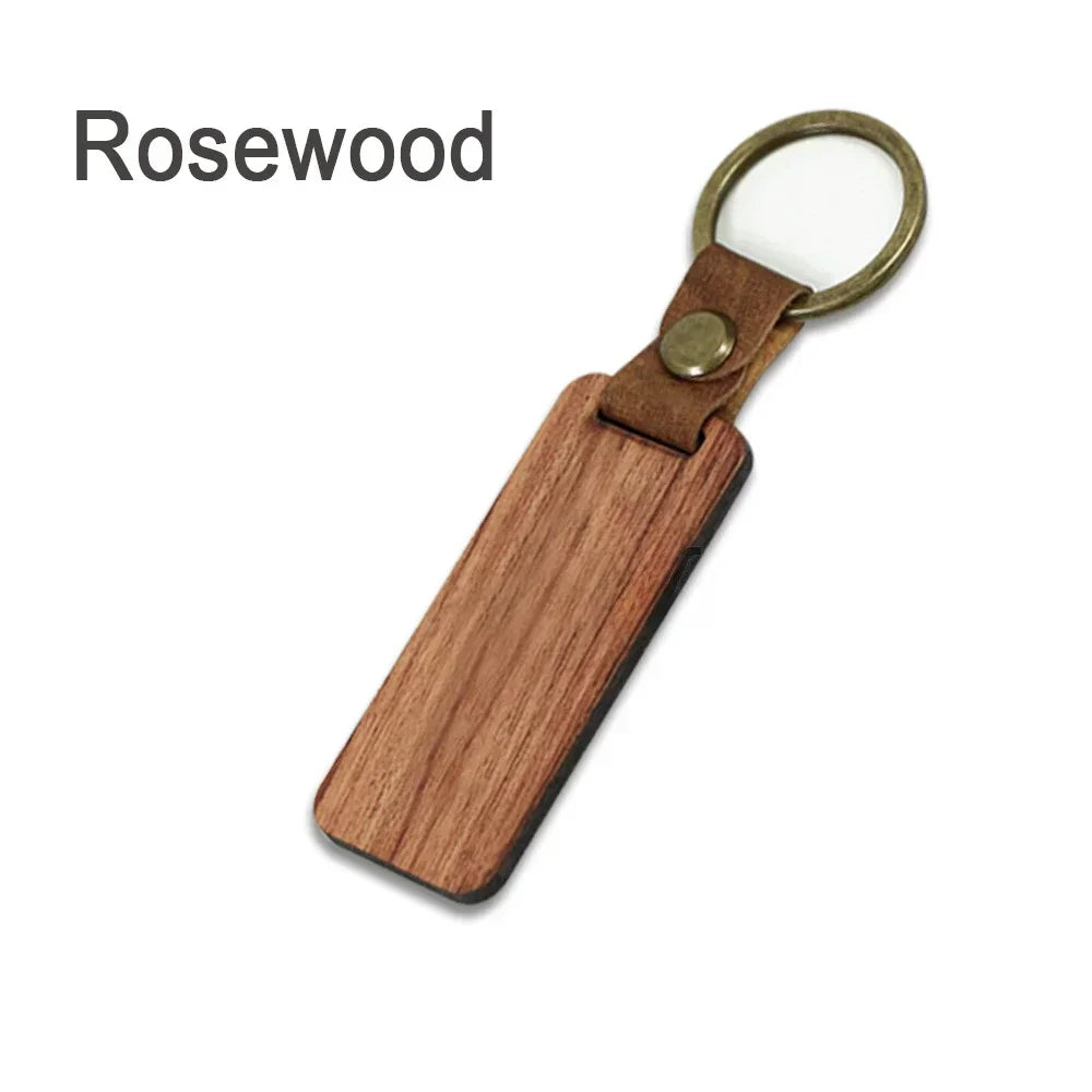 Customized PU Leather Wooden Keychain Blank DIY Wood Keyring Square Engraved Car Key Chains Retro for Friends Lovers Family Gift Valentines Gift