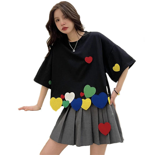 Summer Women Casual Loose Short T-shirt O-Neck Short-sleeved Colorful Love Heart Appliques Tshirt Teenagers Kawaii Tee Tops