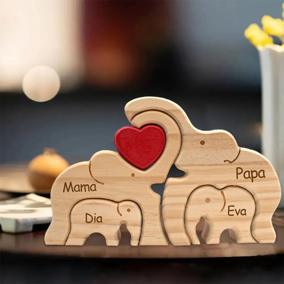 Personalized Elephant Family Wooden Puzzle Love Animal Wood Puzzle Custom Family Name Sculpture Free Engraving Decor Gifts Valentines Gift