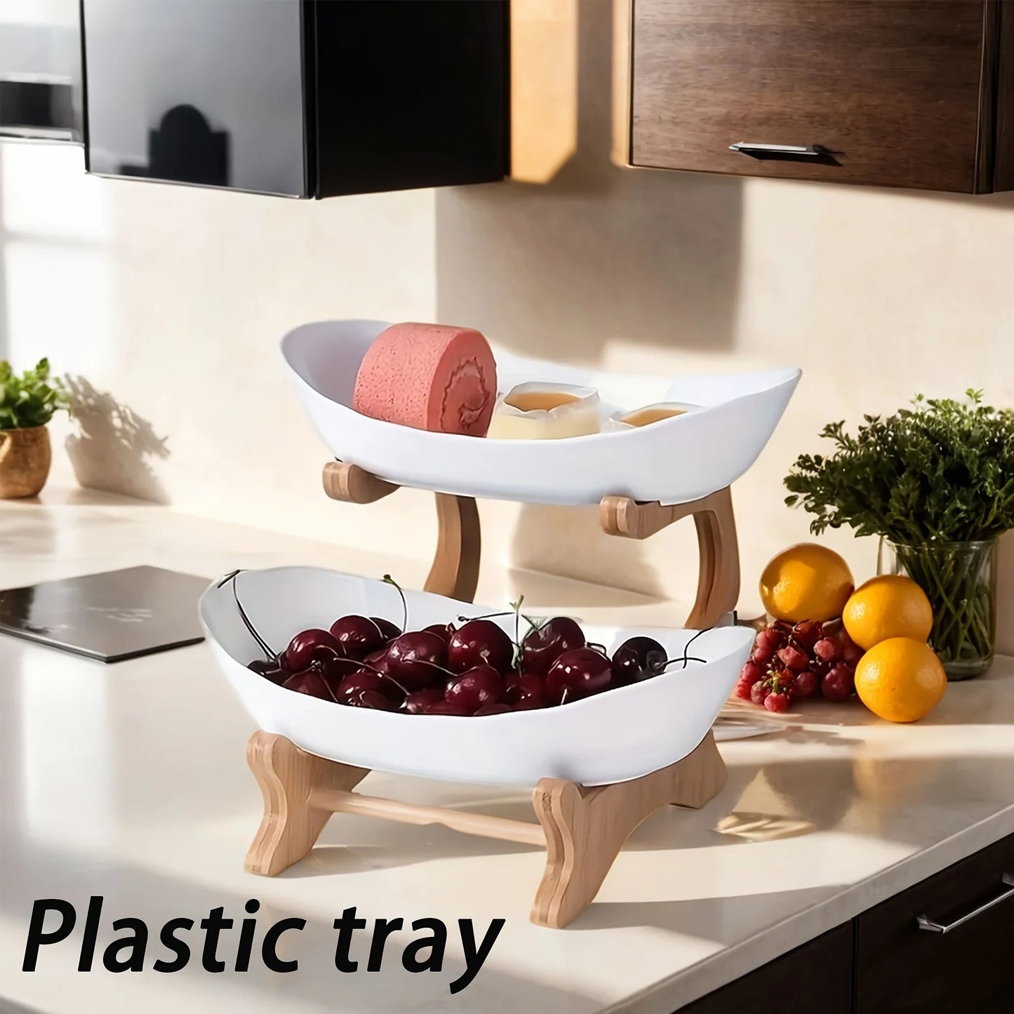 2 Tier Plastic Fruit Bowl with Bamboo Wooden Shelf for Kitchen Counter for Vegetable Storage Fruit Basket Snack Tray Shelf