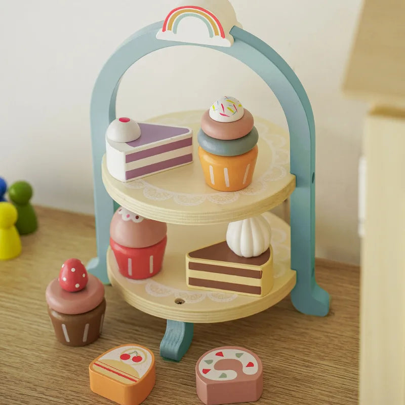 DIY Playing Home Wooden Simulation Kitchen Supplies Toy Afternoon Tea Birthday Cake European Tea Set Hands on Ability Training