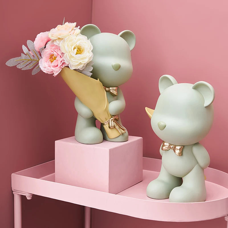 Bear Figurine Resin Flower Vase Modern Home Decor Vases Living Room Decoration Office Desk Accessories Wedding Decoration Gifts