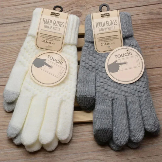 Women's Cashmere Wool Knitted Gloves Autumn Winter Thick Warm Gloves Plush Inside Solid Mittens for Touch Mobile Phone Tablet