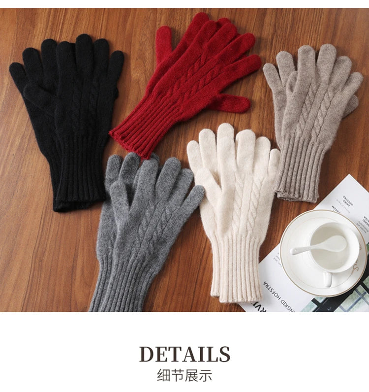 Women Wool Cashmere Gloves Cable Knit Touchscreen Finger Hole Winter Autumn Warm Wrist Length Classic Gloves Female Mitten