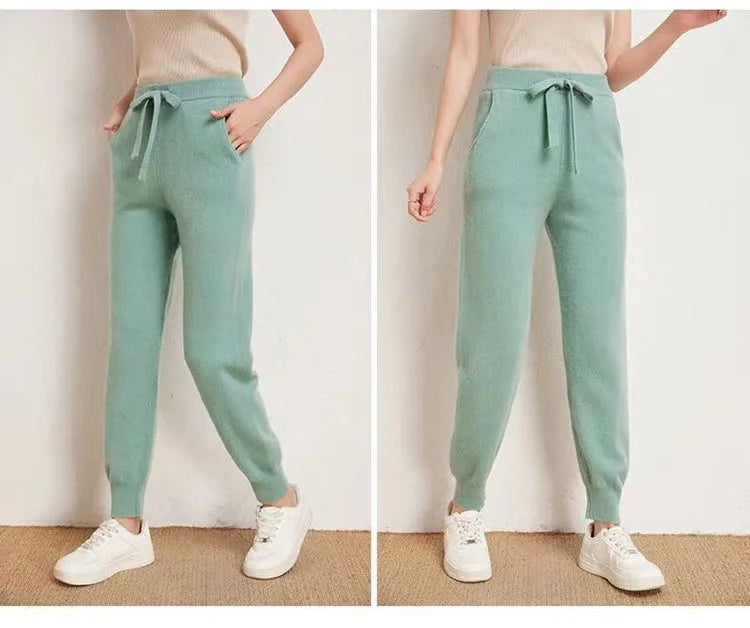 Women's 100% Wool Knitted Trousers, Casual Sports Sweatpants, Korean Version, Small Leg Pants, Female Cashmere Pants, Fashion