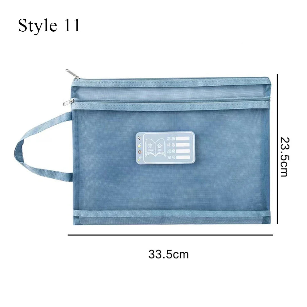 A4 Stationery Storage Bag Double-layer Mesh Zipper Bag Large Capacity Organizer Cosmetic Makeup Bag Transparent File Folders