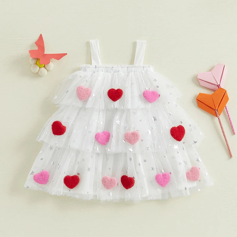 Kids Girl Fashion Valentine Day Dress Star Print Square Neck Sleeveless Layered Tulle Dress with 3D Heart for 1-9 Years Valentines Gift