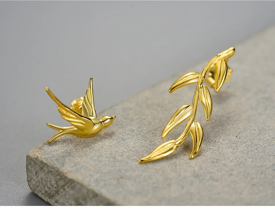 Lotus Fun Luxury 18K Gold Swallow Willow Branch Asymmetrical Unusual Dangle Earrings For Women 925 Sterling Silver Fine Jewelry