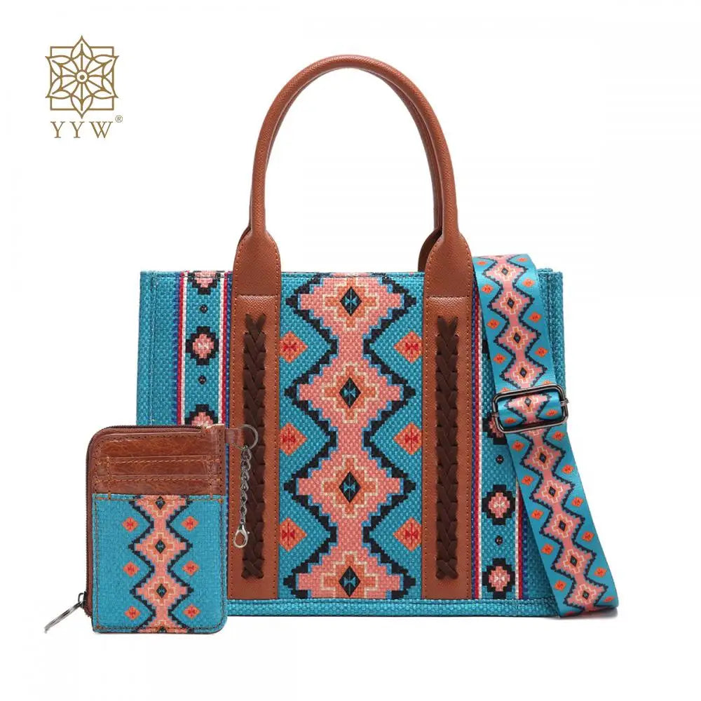 Retro Women Cotton Linen Handbag Large Capacity Western Boho Aztec Wide Shoulder Tote Bags with Coin Wallet Lady Bucket Purse