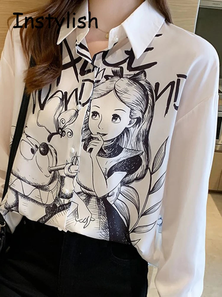 Casual Long Sleeve Cartoon Print Shirt Elegant Chiffon Blouse Women Vintage Harajuku Loose Tops Korean Chic Women Clothing Tunic