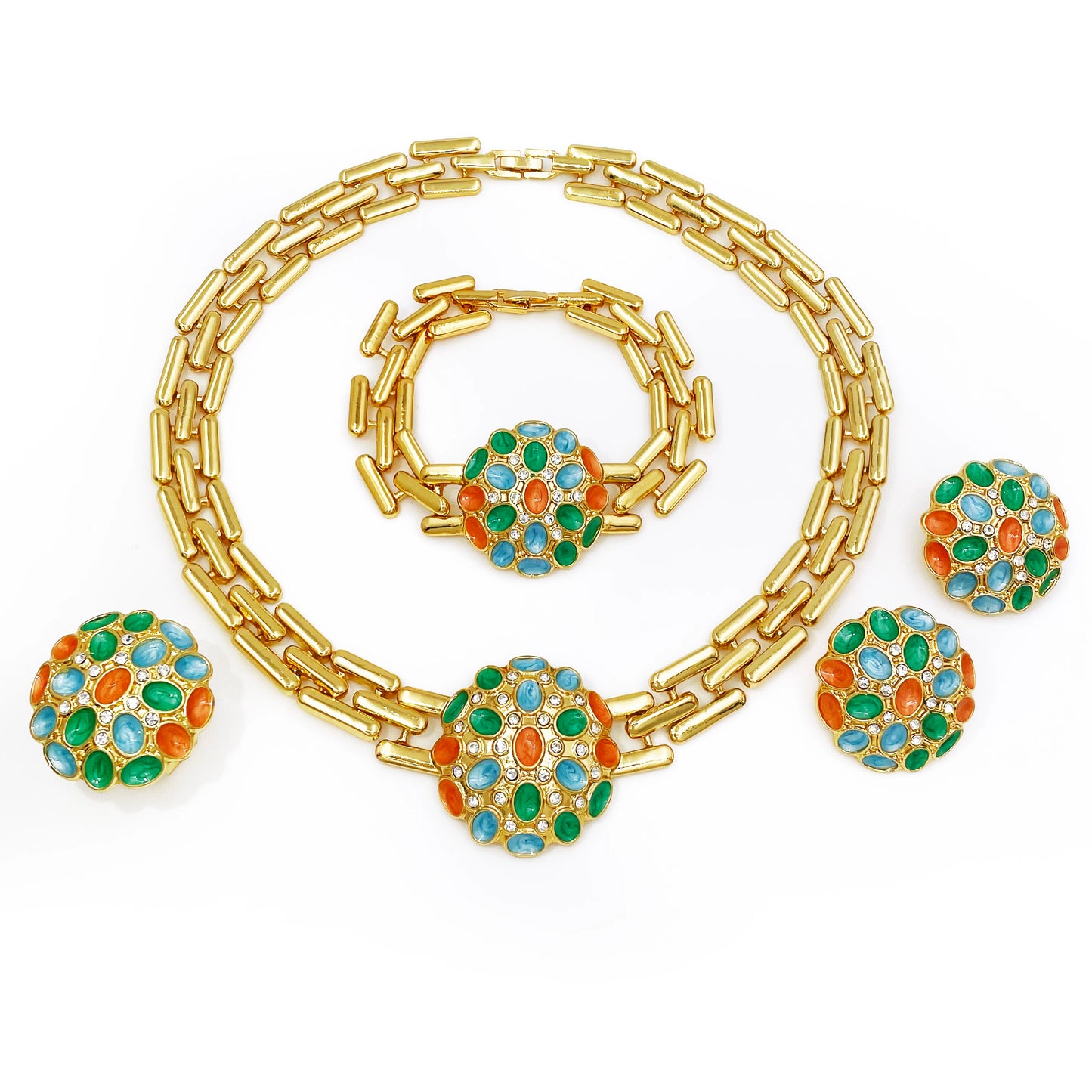 Women Jewelry Set Colorful Classic Design 18K Gold Plated Necklace Earrings Bracelet Ring 4PCS Set Jewelry Wedding Party Gift