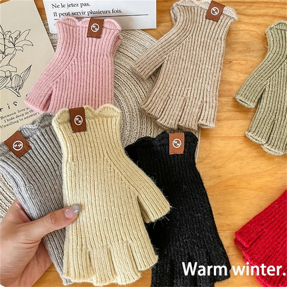 Women's Solid Color Knitted Warm Gloves Winter Half Finger Touch Screen Mittens Outdoor Cycling Stretch Gloves for Adult Couples