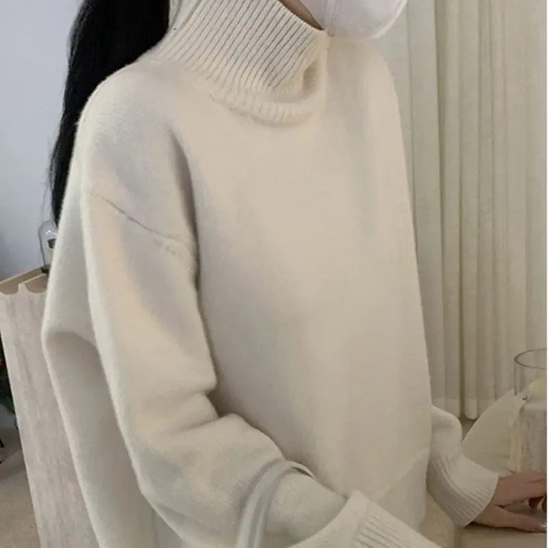 Turtleneck Cashmere Sweater Women Korean Style Oversized Knitted Pullovers Autumn Winter Casual Loose Solid  Sweater 2024