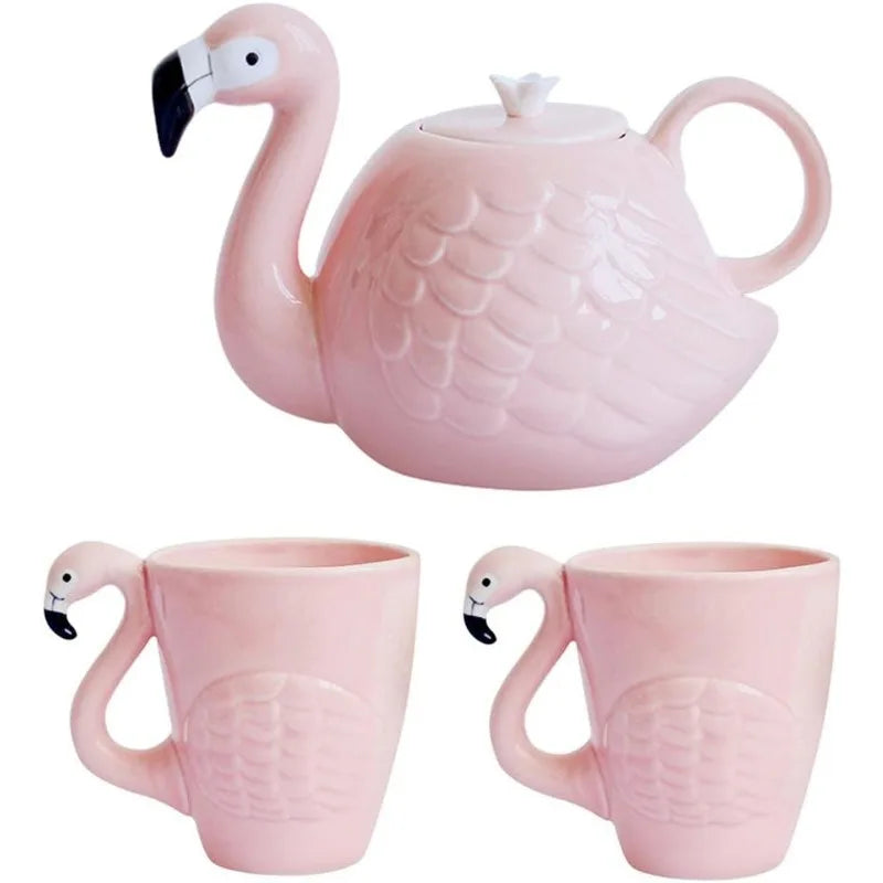 Flamingo Coffee Mugs and Teapot Set 15 Ounce Ceramic Flamingo Cups 34 Ounce Porcelain Teapot Flamingo Tea Set Gift  (Set of 3)