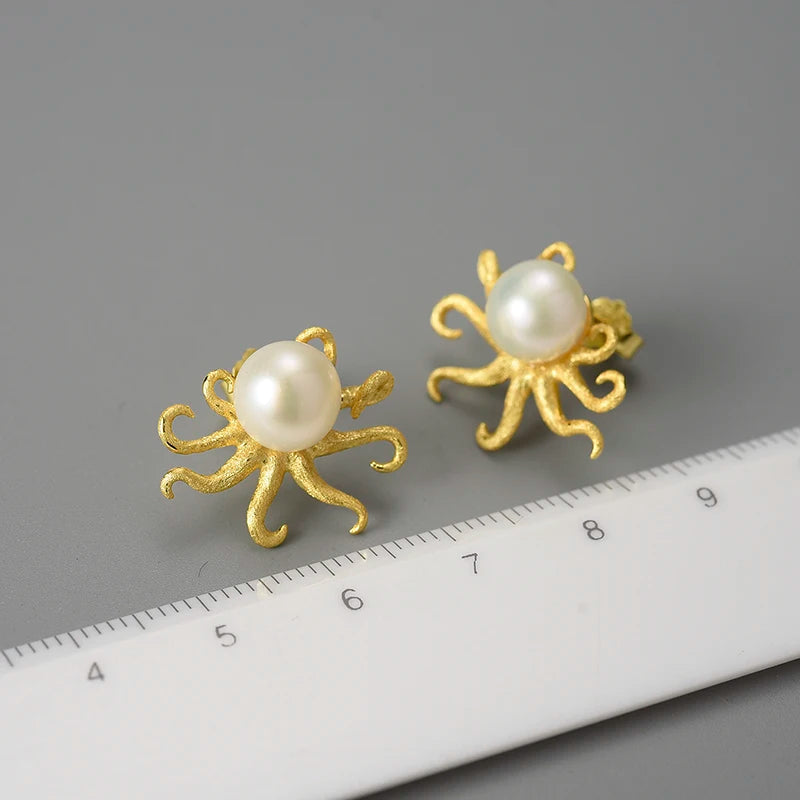 Lotus Fun Creative Octopus Natural Pearl Stud Earrings for Women Real 925 Sterling Silver Original Statement Luxury Fine Jewelry