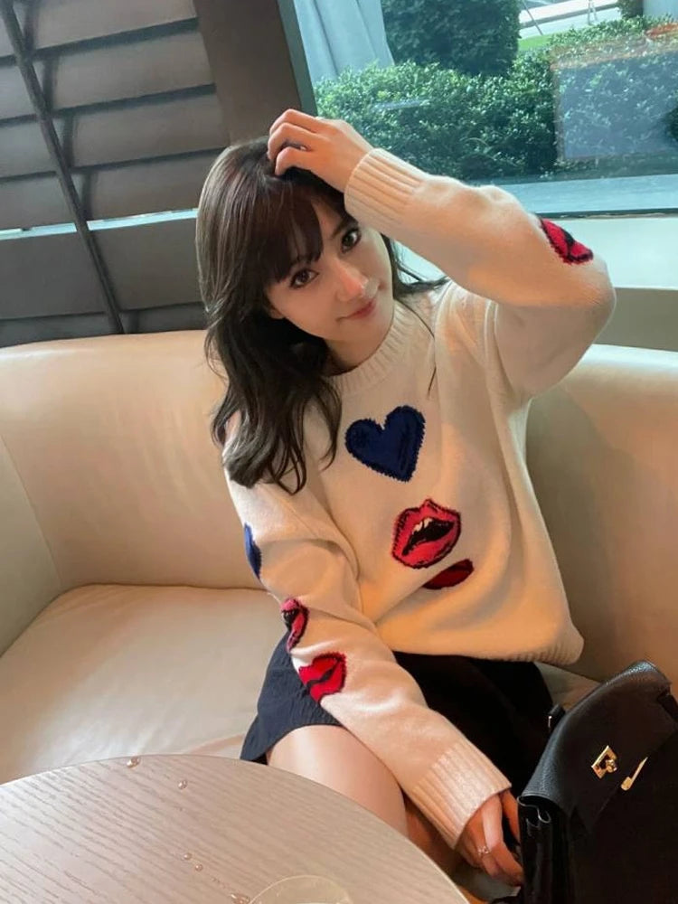 Autumn And Winter New Wool Pullover Women's Round Neck Loose Set Love Lips Sweater Cashmere Knit Bottoming Shirt